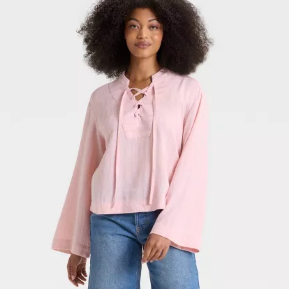Universal Thread Women's Pink Striped Bell Long Sleeve‎ Tie-Front
